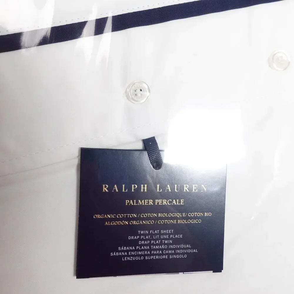 Ralph Lauren Organic Cotton Percale Palmer Twin Flat Sheet White/Polo Navy $125